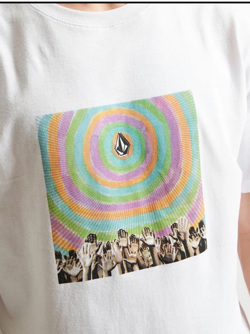 Volcom White Tee with Multicolor Concentric Graphic